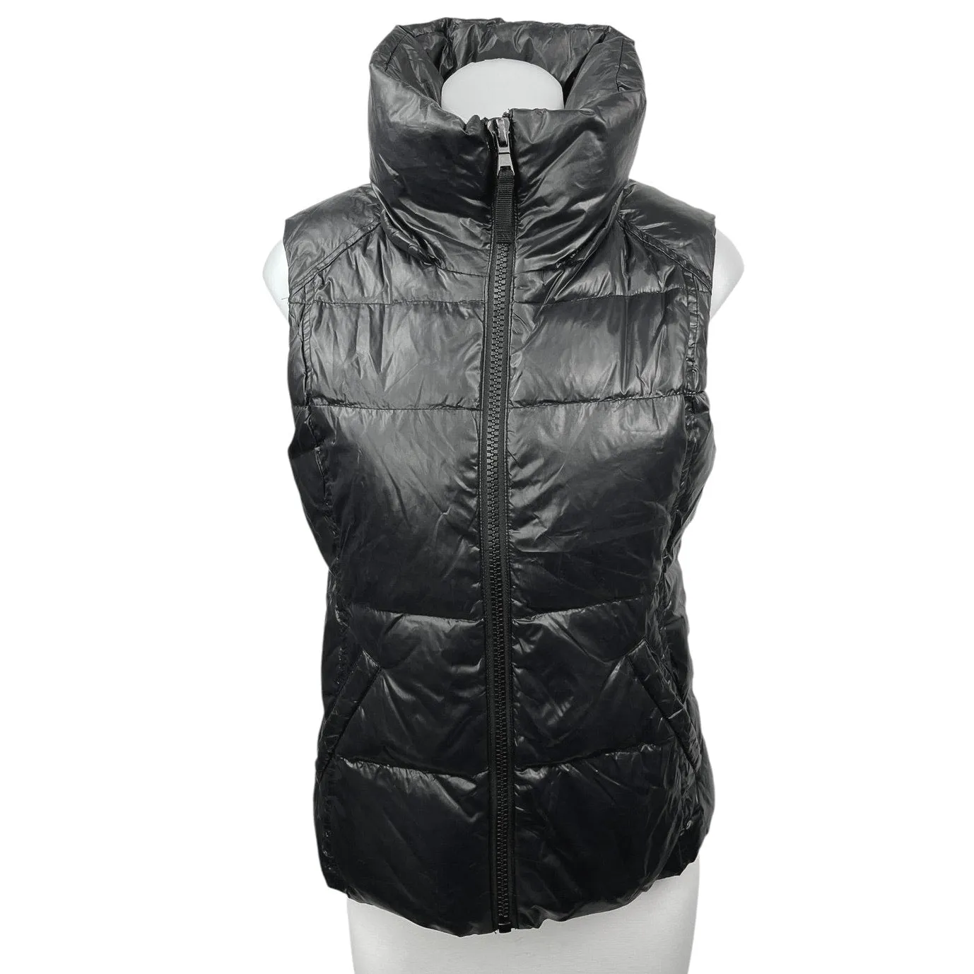 Aqua Women's Black Zip Up Quilted Pockets High Neck Packable Puffer Vest Coat S