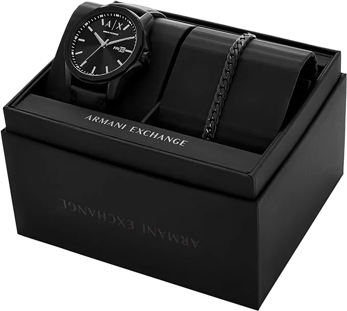 Armani Exchange - Three-Hand Black Watch and Black Stainless Steel Bracelet Gift Set