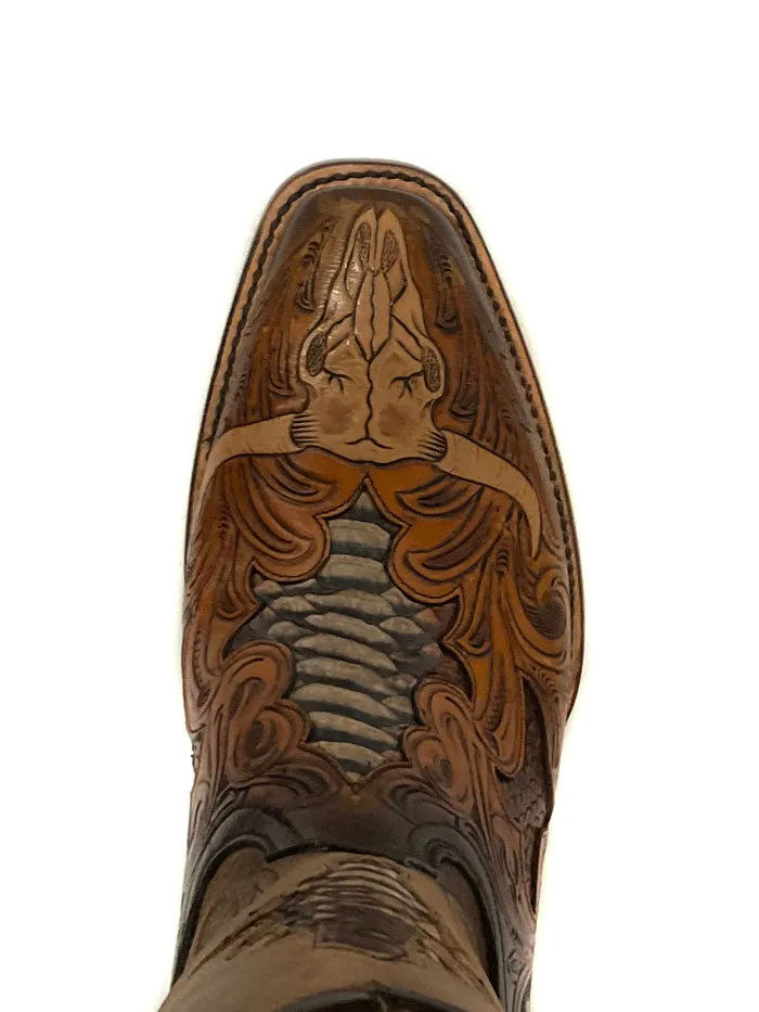 Black Jack HT-1425 Mens Hand Tooled Byson Skull Boot Rust Dyed