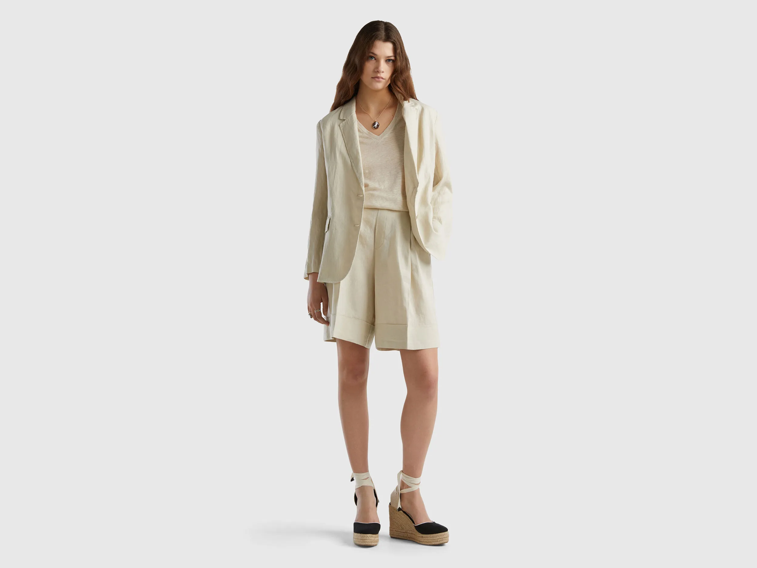 Blazer in pure linen - Beige | Benetton