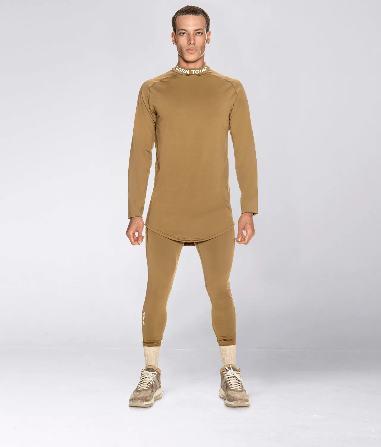 Born Tough Mock Neck Long Sleeve Base Layer Running Shirt For Men Khaki