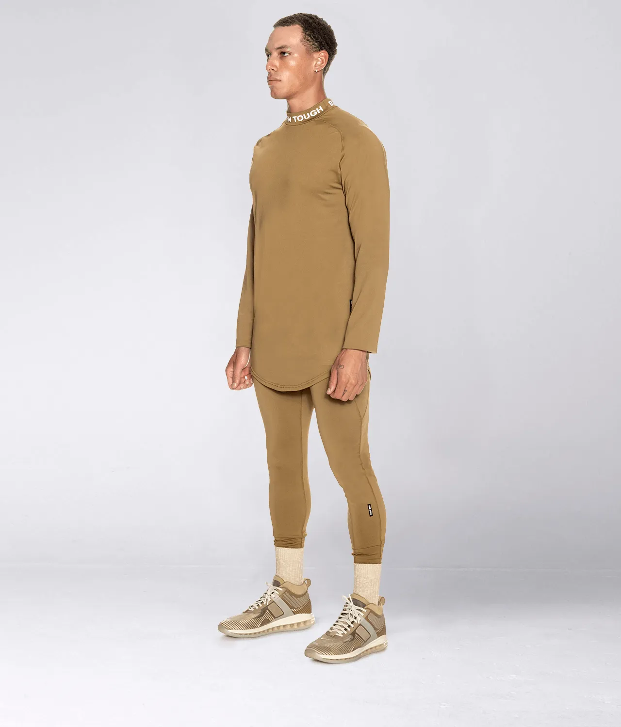 Born Tough Mock Neck Long Sleeve Base Layer Running Shirt For Men Khaki