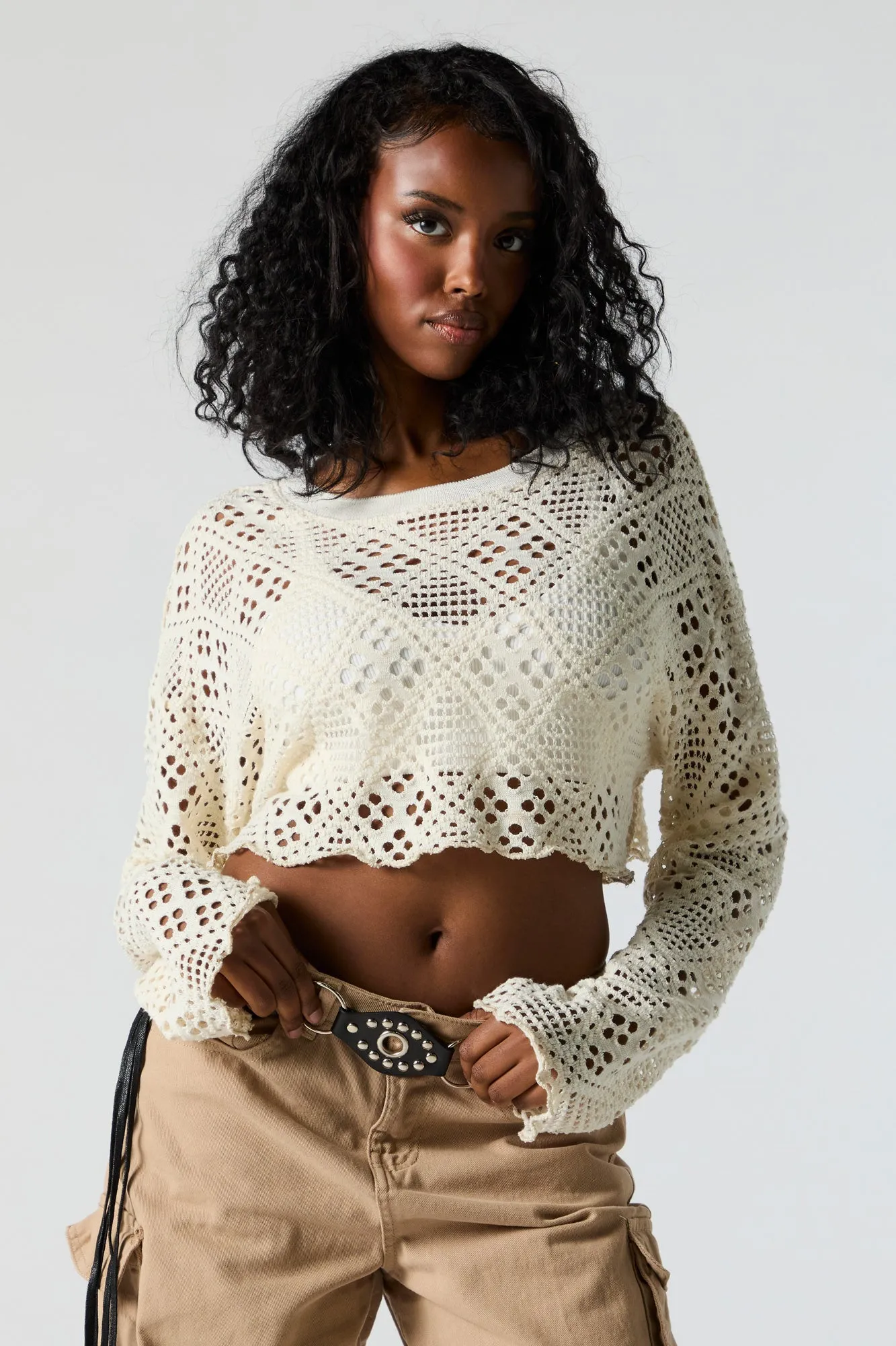 Crochet Cropped Long Sleeve Top