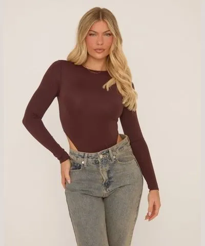 EGO Long Sleeve High Leg Bodysuit In Matte Chocolate Brown Slinky