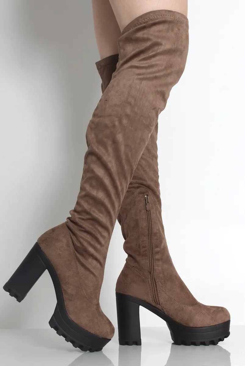 Emilie Khaki Over The Knee Platform Boots