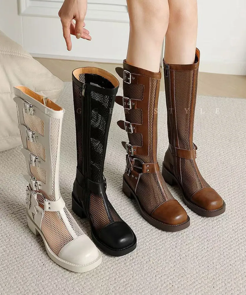 Fashion Splicing Chunky Hollow Out Breathable Boots Beige Genuine Leather