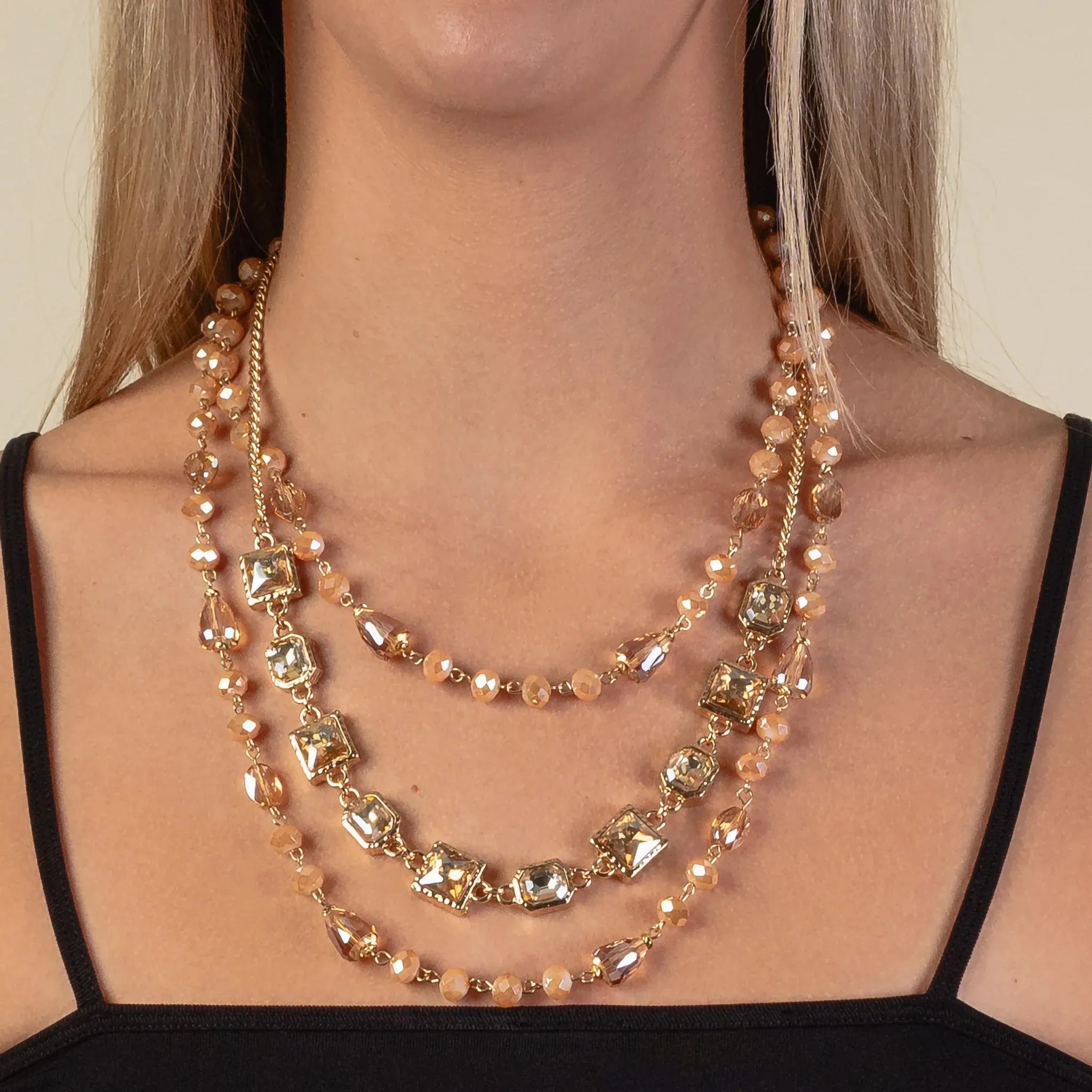 Gold Champagne 3 Layer crystal beaded necklace