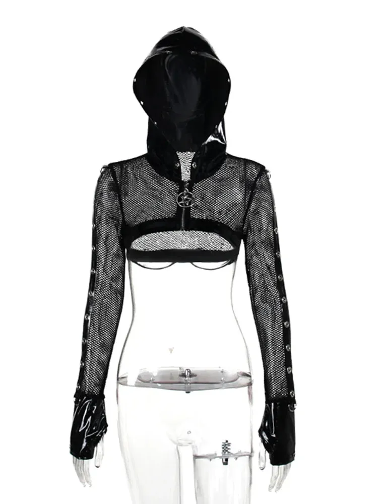 Gothic Lace Vintage Long Sleeve Pu Leather Mesh Top