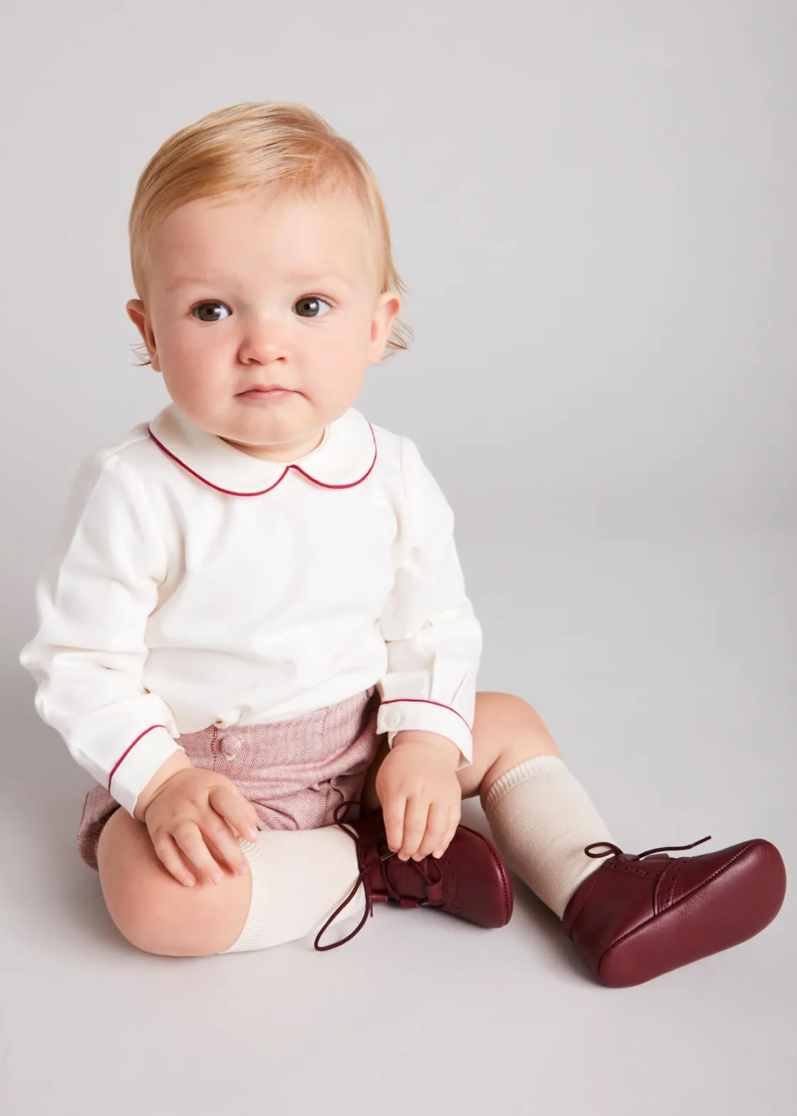 Herringbone Peter Pan Collar Long Sleeve Two Piece Set in Red (6mths-2yrs)