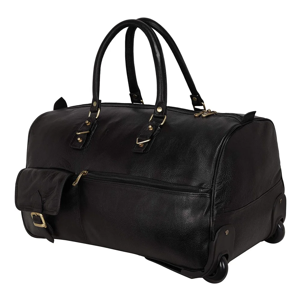 Hiller Leather Duffel Trolley Bag for Men & Women Cabin Size (Black)