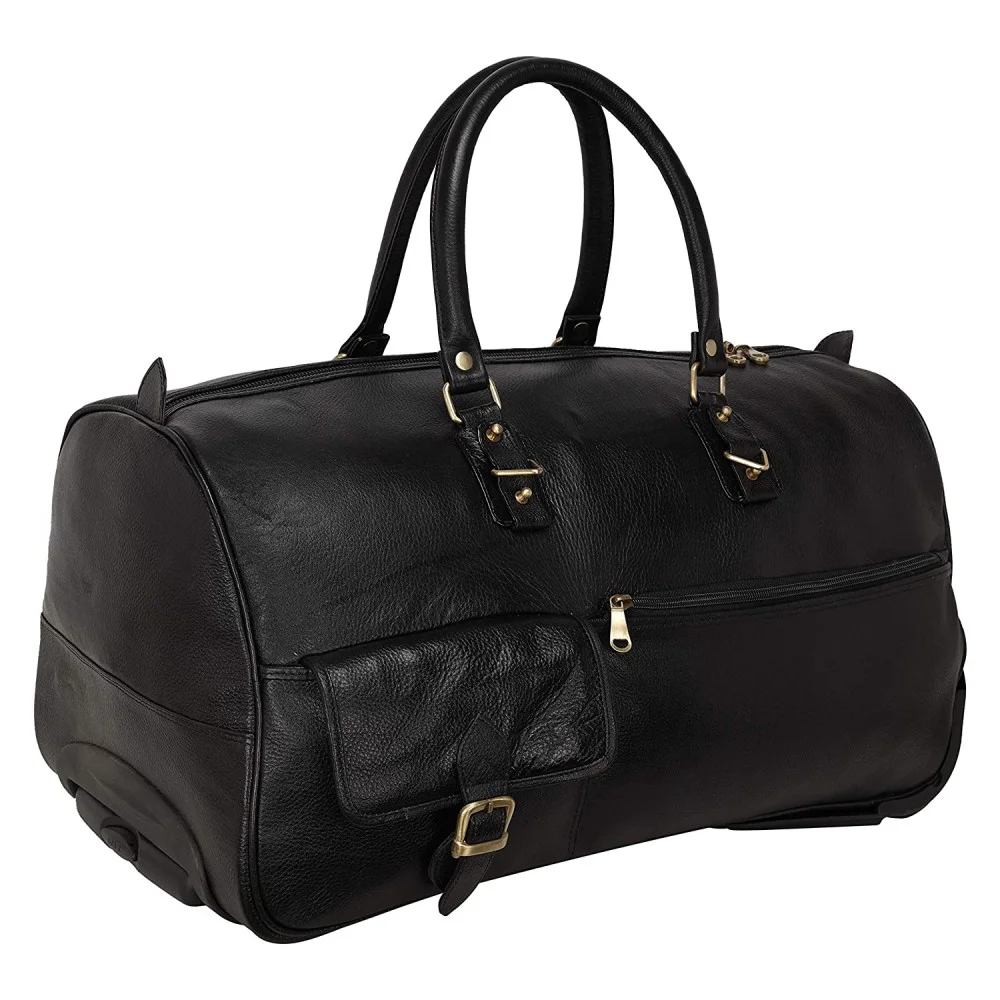 Hiller Leather Duffel Trolley Bag for Men & Women Cabin Size (Black)