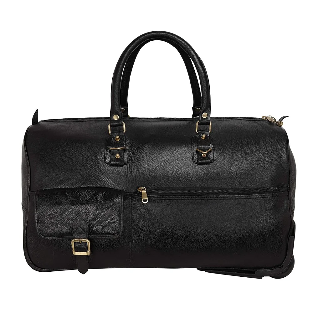 Hiller Leather Duffel Trolley Bag for Men & Women Cabin Size (Black)