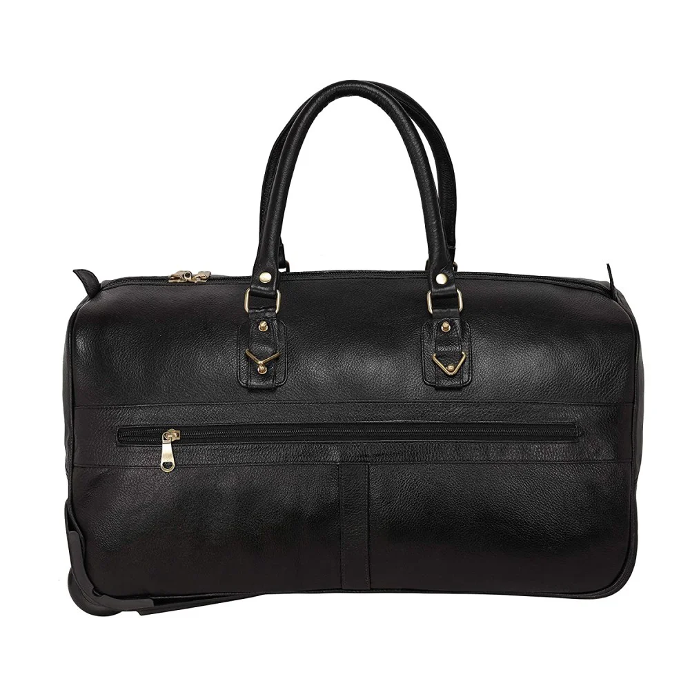 Hiller Leather Duffel Trolley Bag for Men & Women Cabin Size (Black)