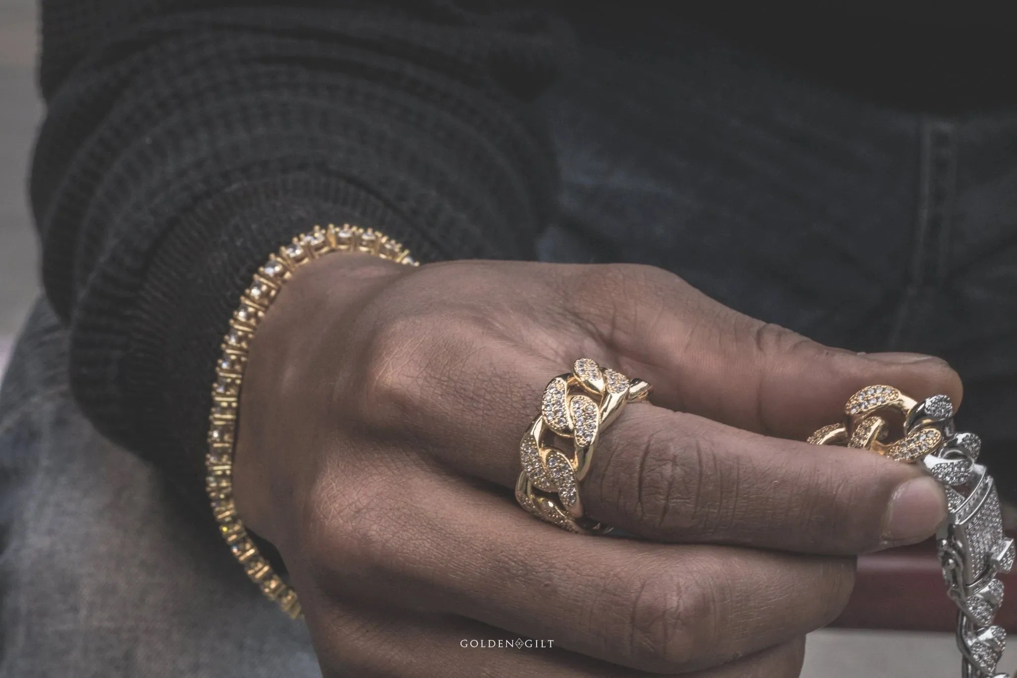 Iced Out 18K Gold Plated Studded Cuban Link Ring | Golden Gilt