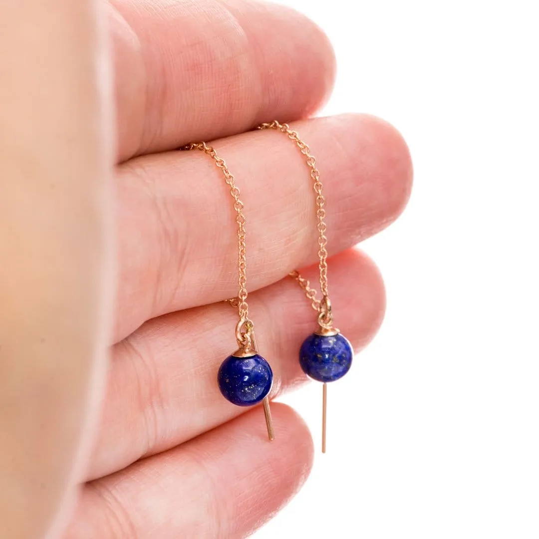 Lapis Beads Long Threader Earrings in 14kGF Rose Gold Filled, Ready to Ship