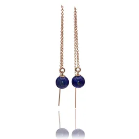 Lapis Beads Long Threader Earrings in 14kGF Rose Gold Filled, Ready to Ship