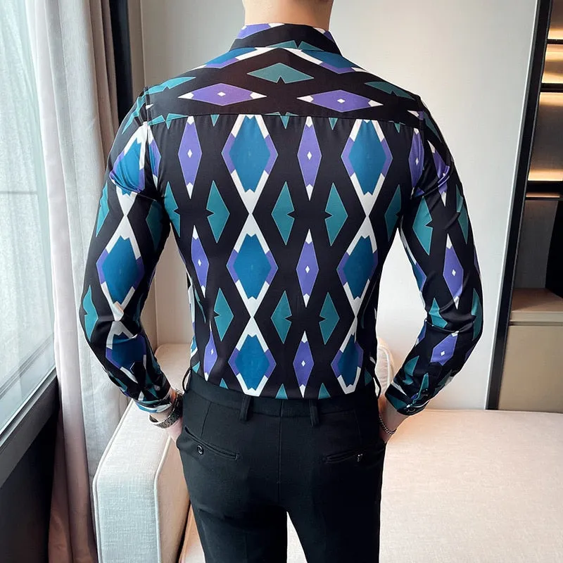 Men's Korean Style Diamond Pattern Printed Long Sleeve Shirt