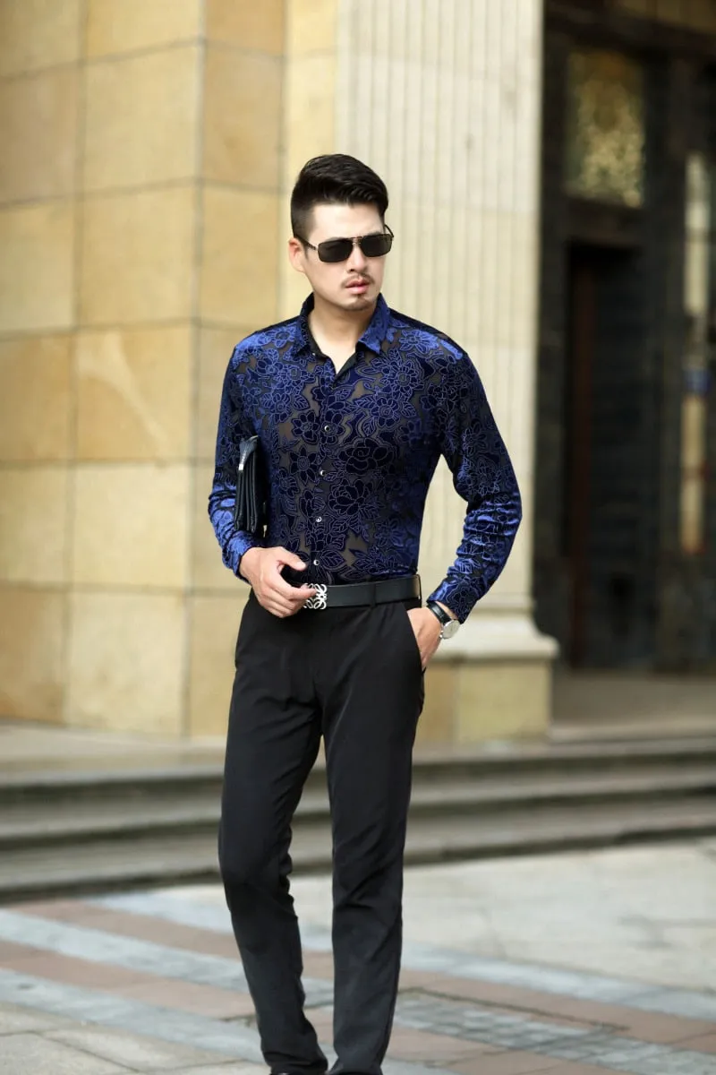 Men's Sexy Floral Printed Transparent See-Through Long Sleeve Shirt