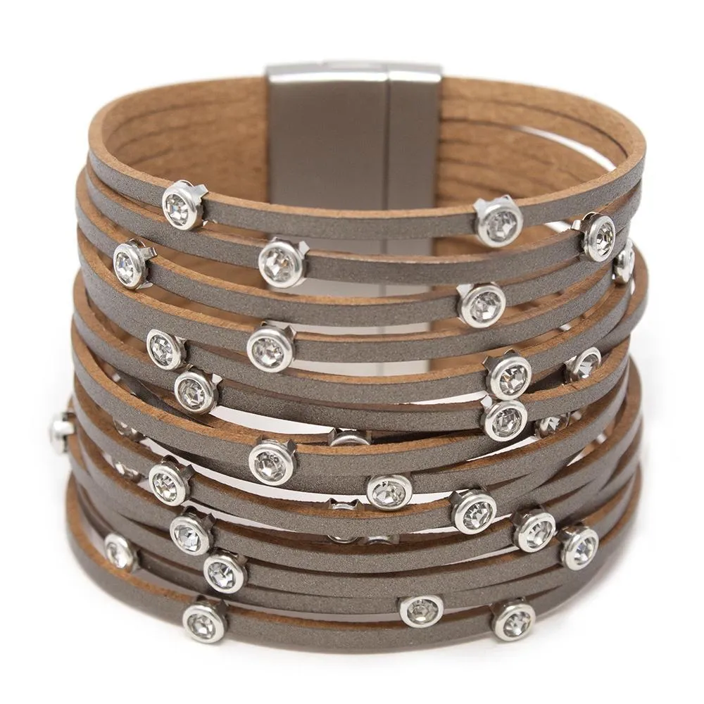 Multi Row Leather Bracelet With Round Crystals Gray