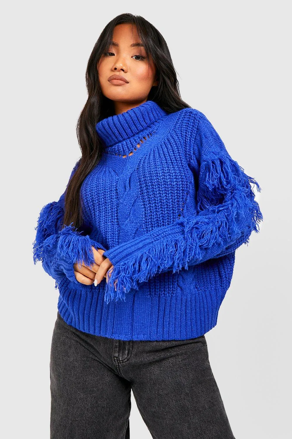 Petite Turtleneck Cable Knit Tassel Sweater