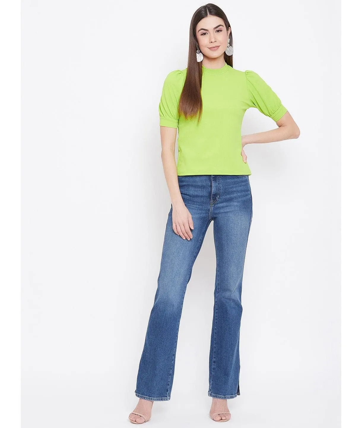 Plus Cotton Solid Stretchable Puff Sleeve Top