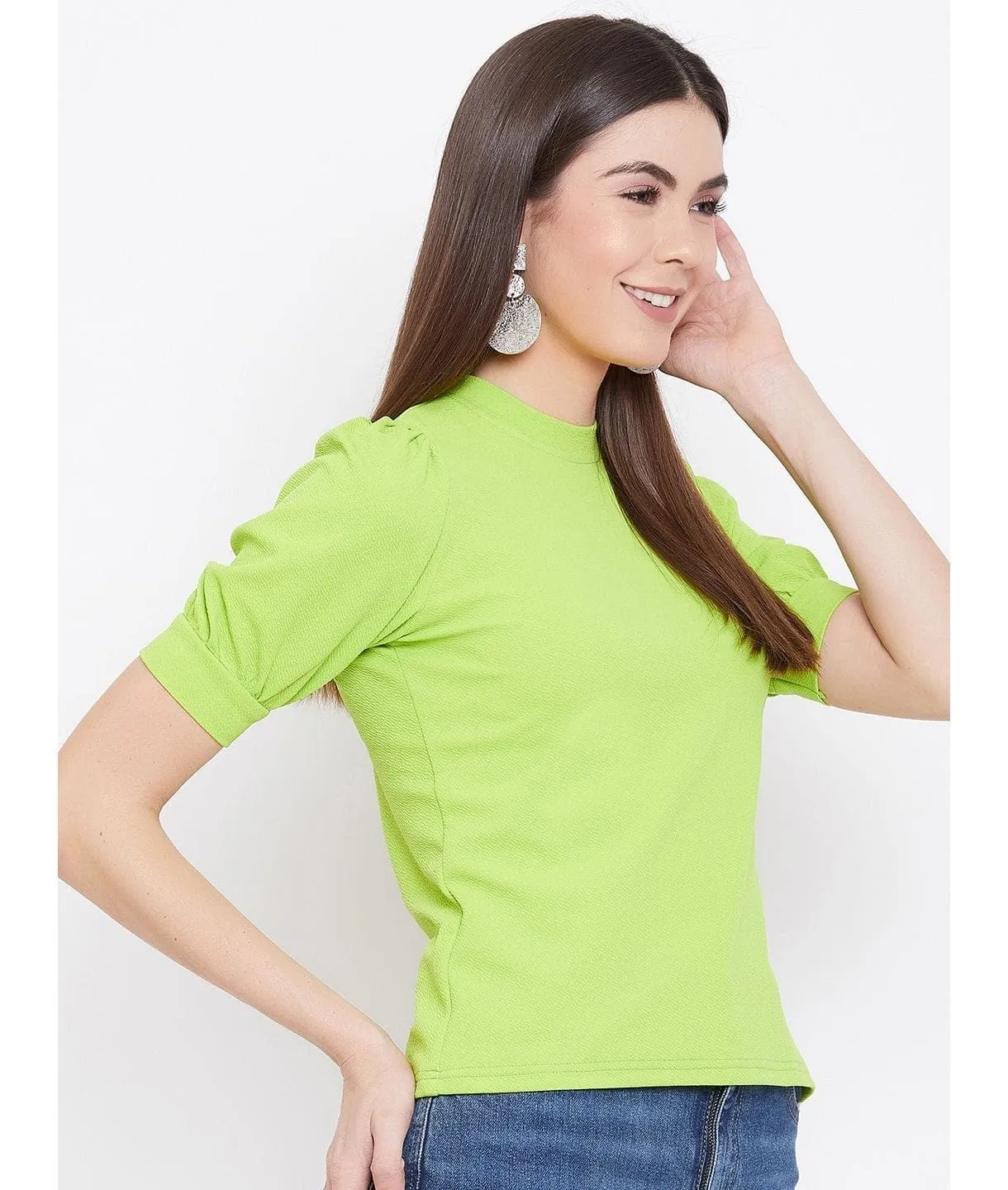 Plus Cotton Solid Stretchable Puff Sleeve Top