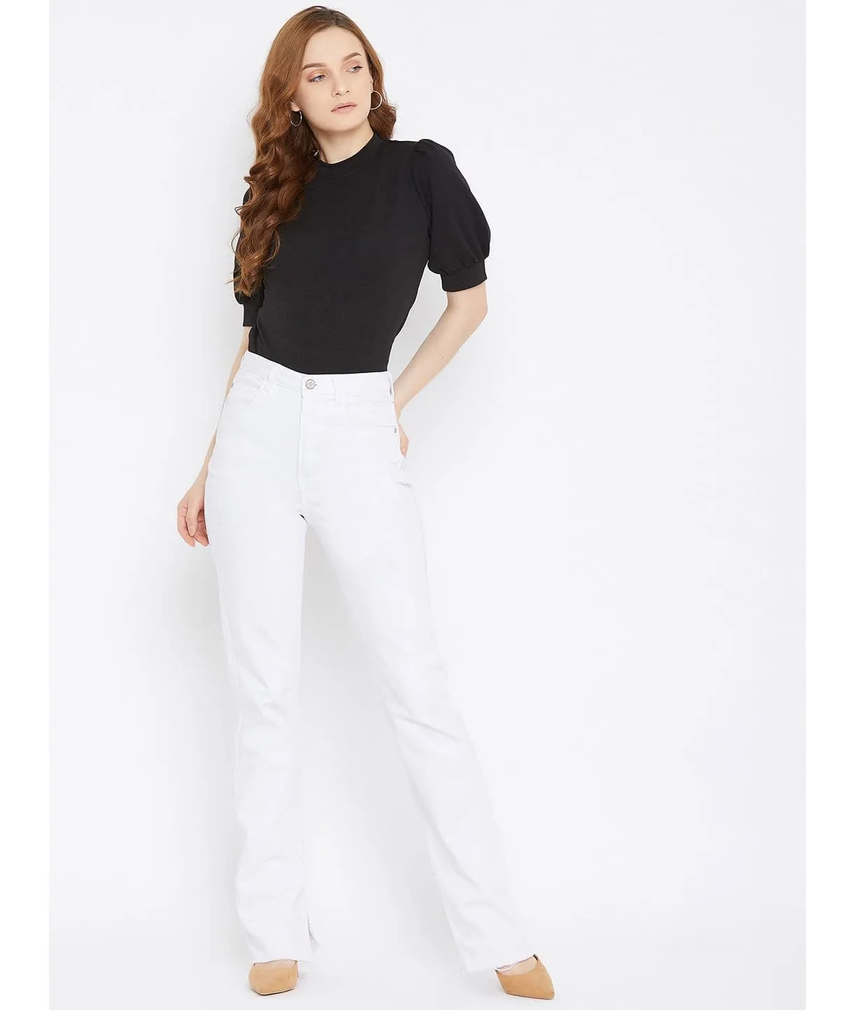 Plus Cotton Solid Stretchable Puff Sleeve Top