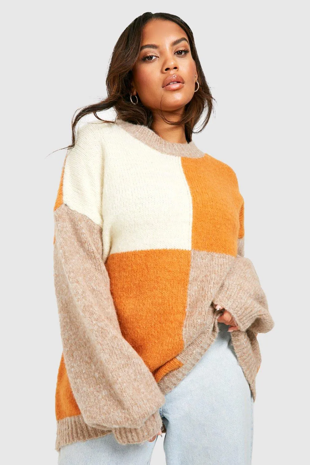 Plus Fluffy Knit Colorblock Sweater