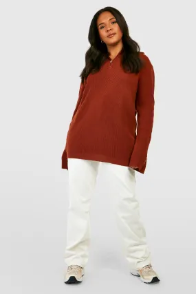 Plus Knitted Half Zip Split Sleeve Sweater