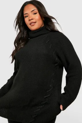 Plus Lace Up Knitted Turtleneck Sweater