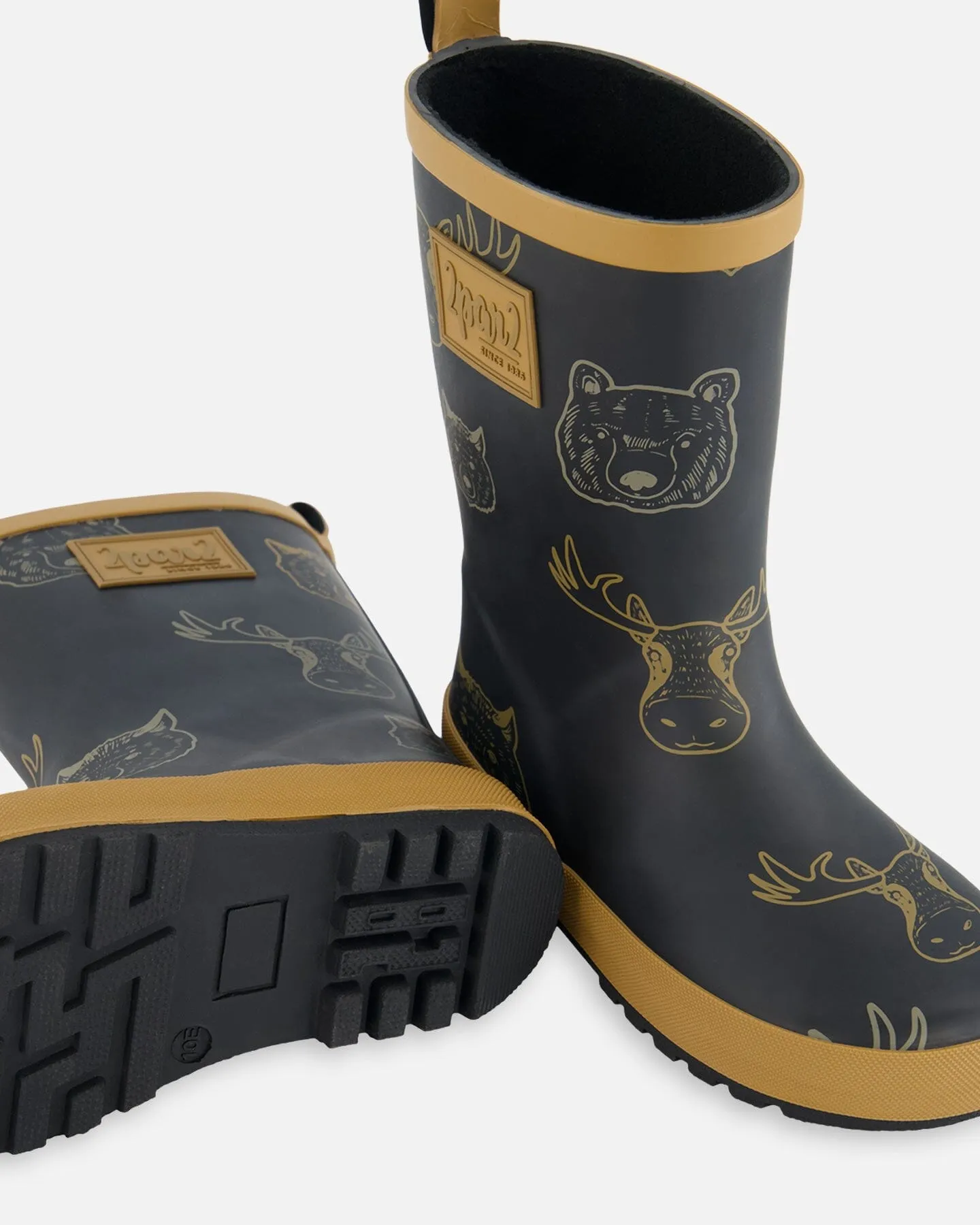 Printed Rain Boots Beige Animals On Black Background