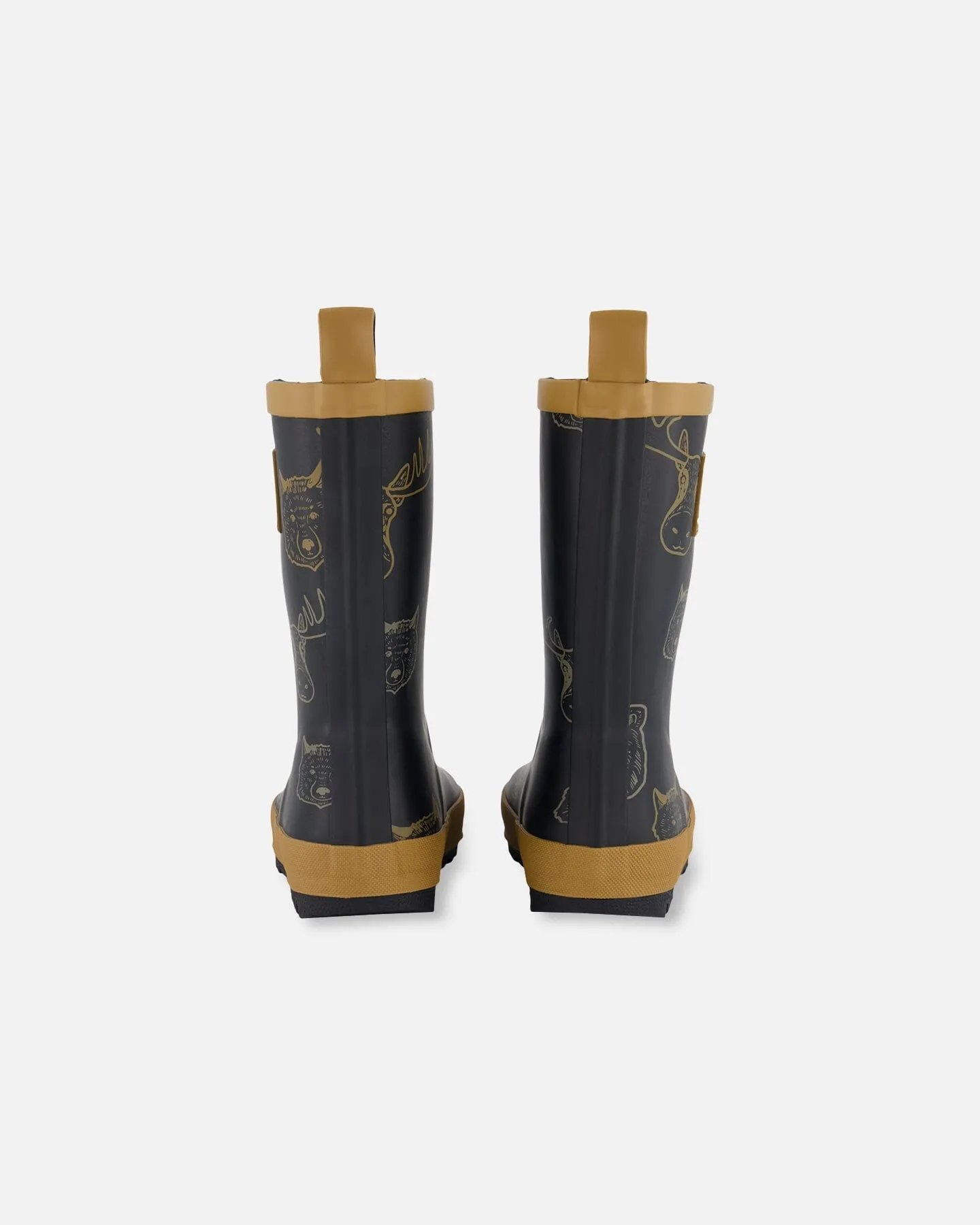 Printed Rain Boots Beige Animals On Black Background