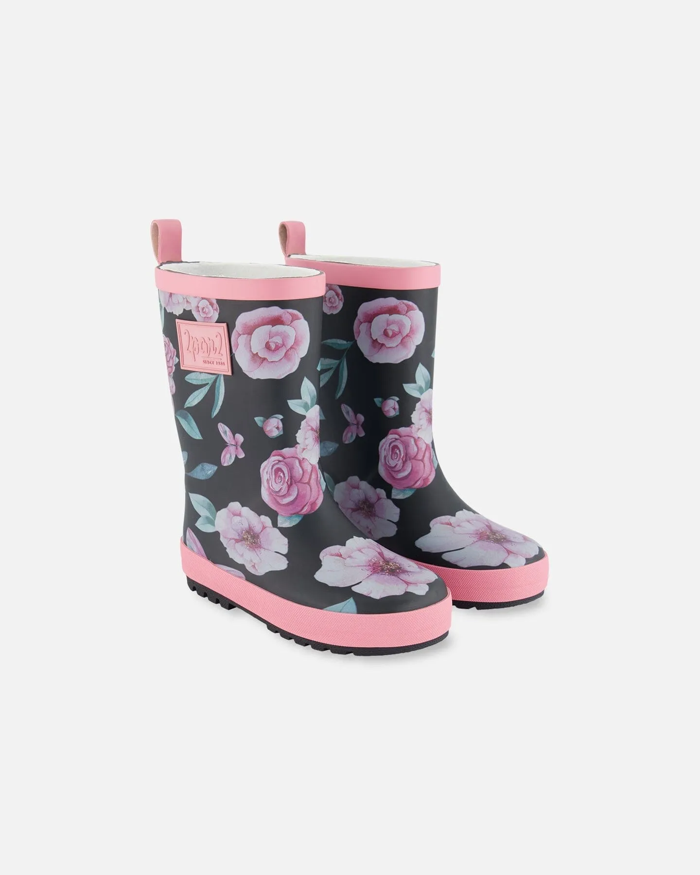 Printed Rain Boots Pink, Black, And Flowers