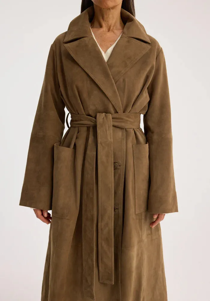 SUEDE BELTED WRAP COAT - ROHE