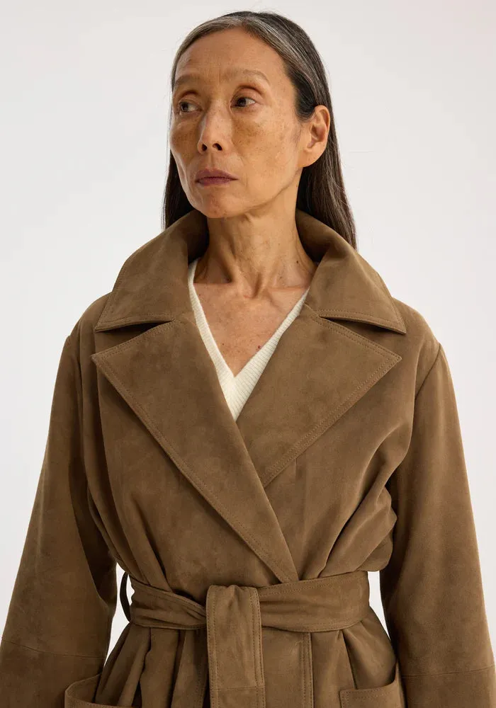 SUEDE BELTED WRAP COAT - ROHE