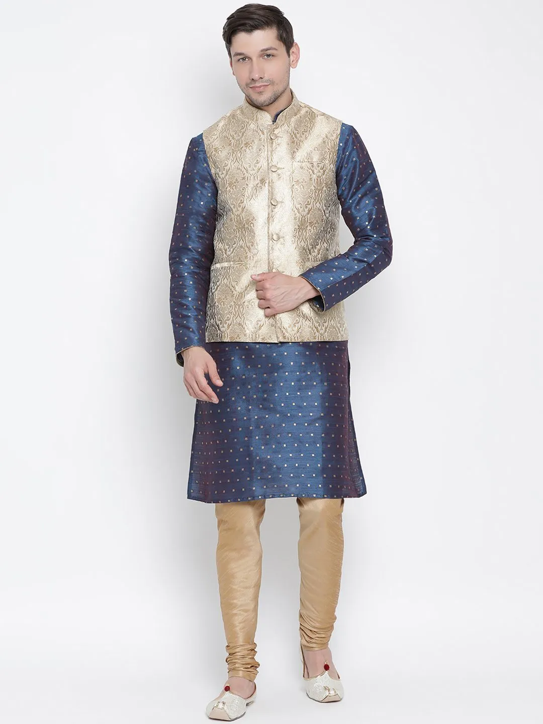 VASTRAMAY Men's Rose Gold Jacquard Jacket With Kurta Pyjama Set