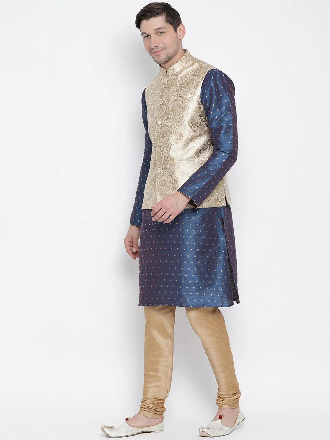 VASTRAMAY Men's Rose Gold Jacquard Jacket With Kurta Pyjama Set