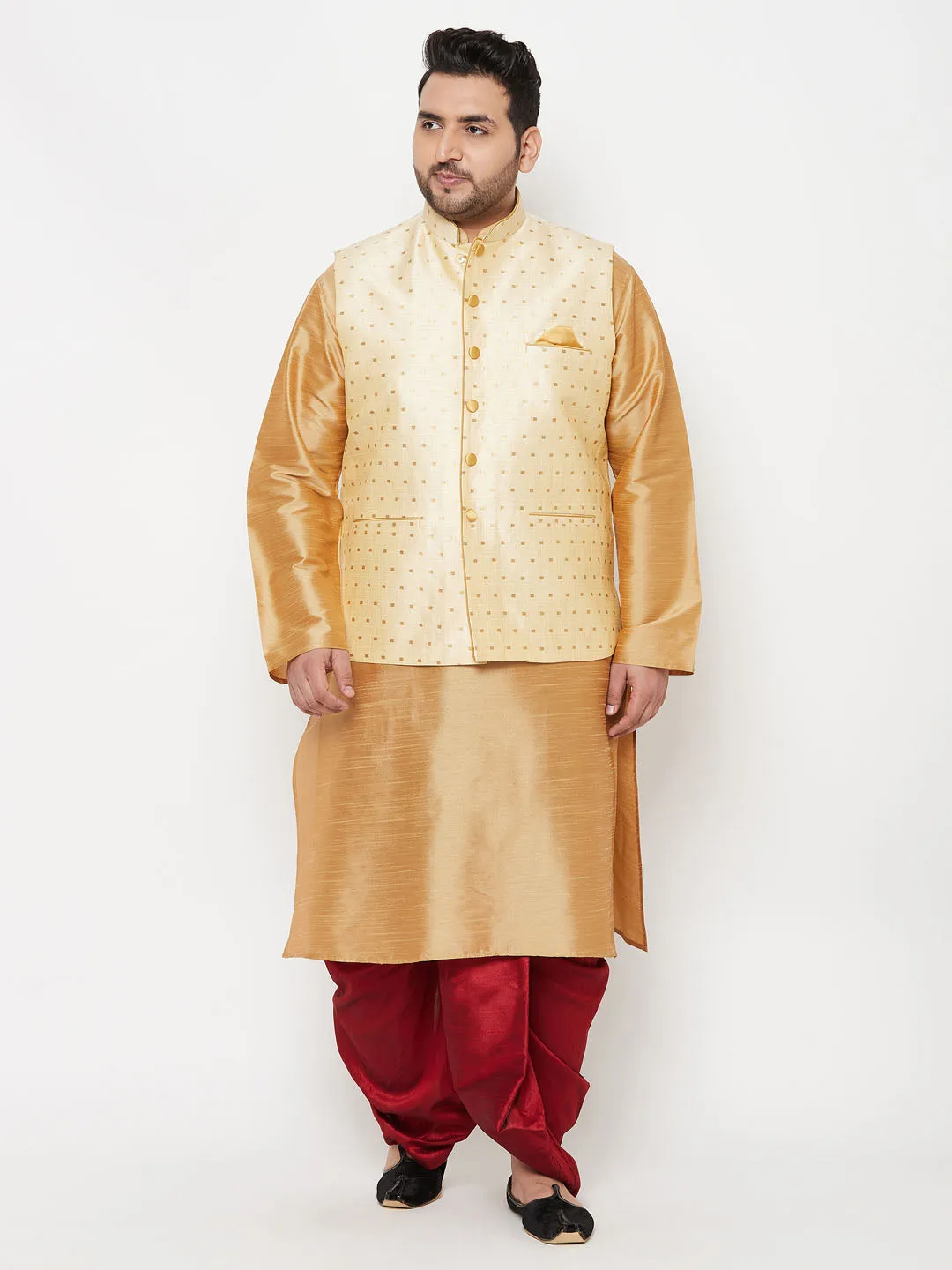 VASTRAMAY PLUS Men's Gold Zari Weaved Nehru Jacket With Kurta Dhoti set