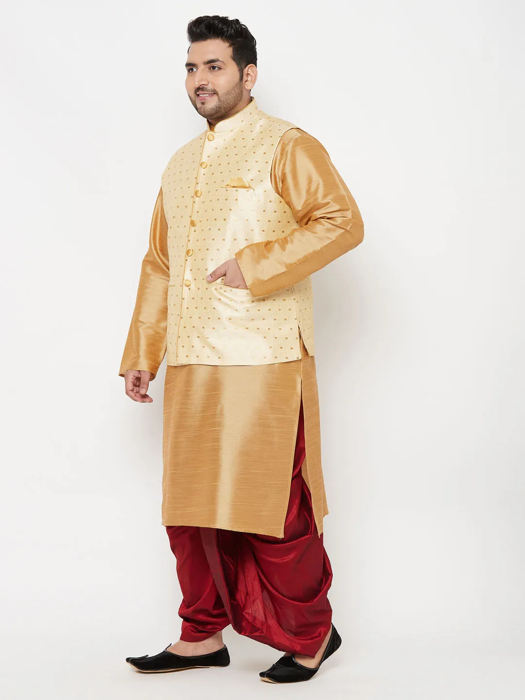 VASTRAMAY PLUS Men's Gold Zari Weaved Nehru Jacket With Kurta Dhoti set