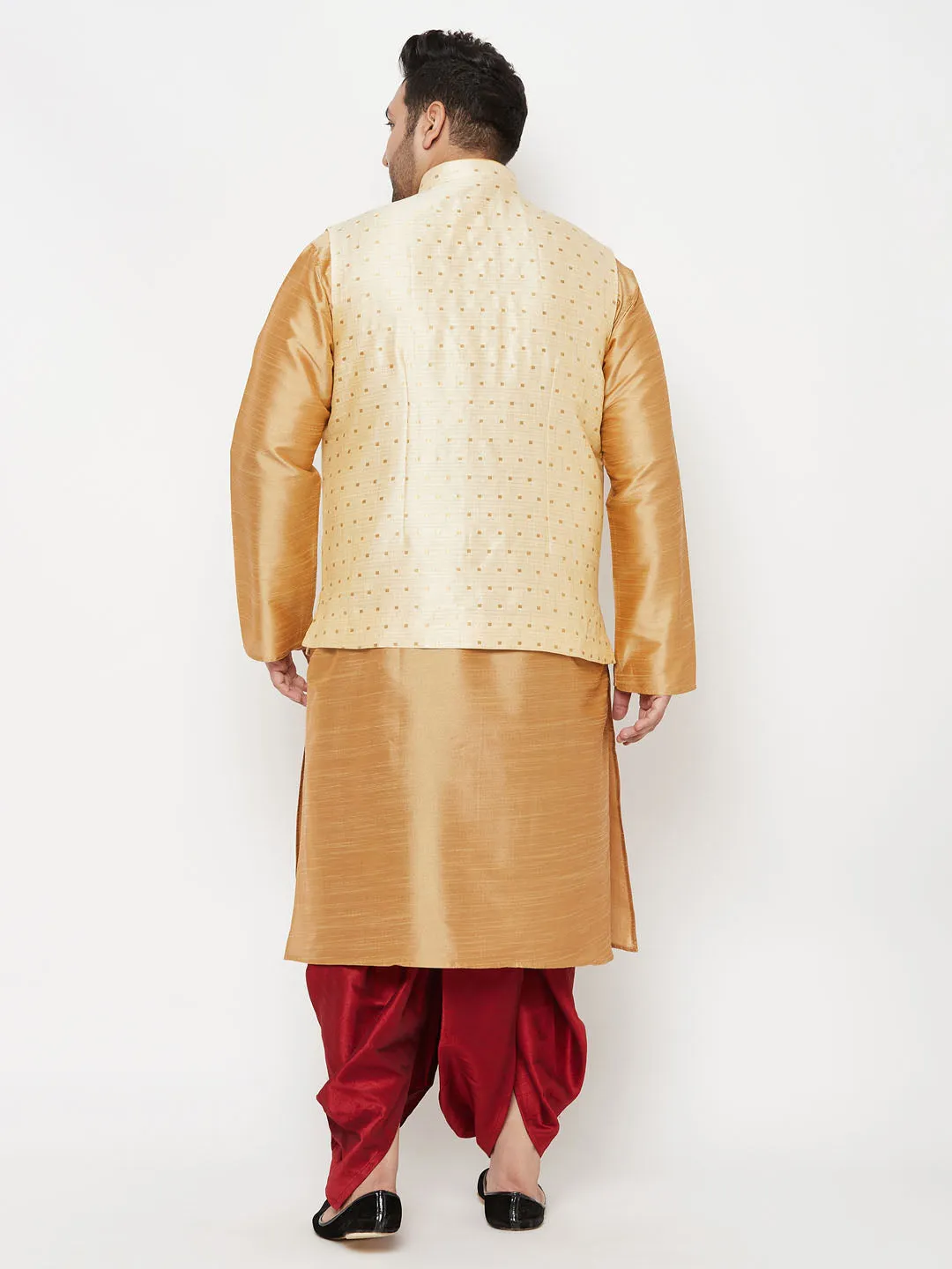 VASTRAMAY PLUS Men's Gold Zari Weaved Nehru Jacket With Kurta Dhoti set