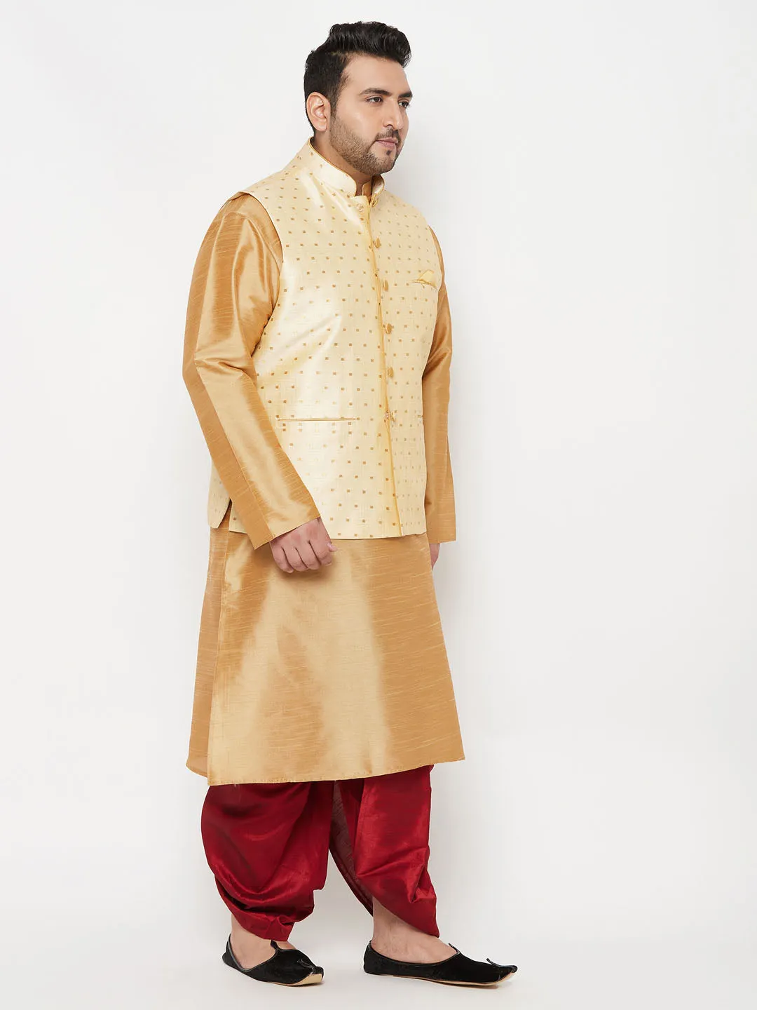 VASTRAMAY PLUS Men's Gold Zari Weaved Nehru Jacket With Kurta Dhoti set