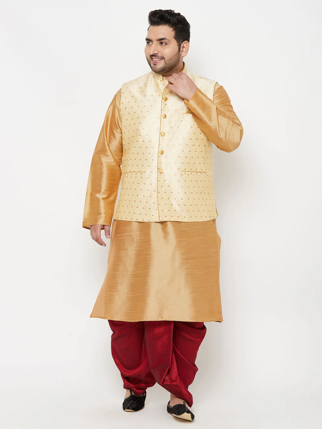 VASTRAMAY PLUS Men's Gold Zari Weaved Nehru Jacket With Kurta Dhoti set