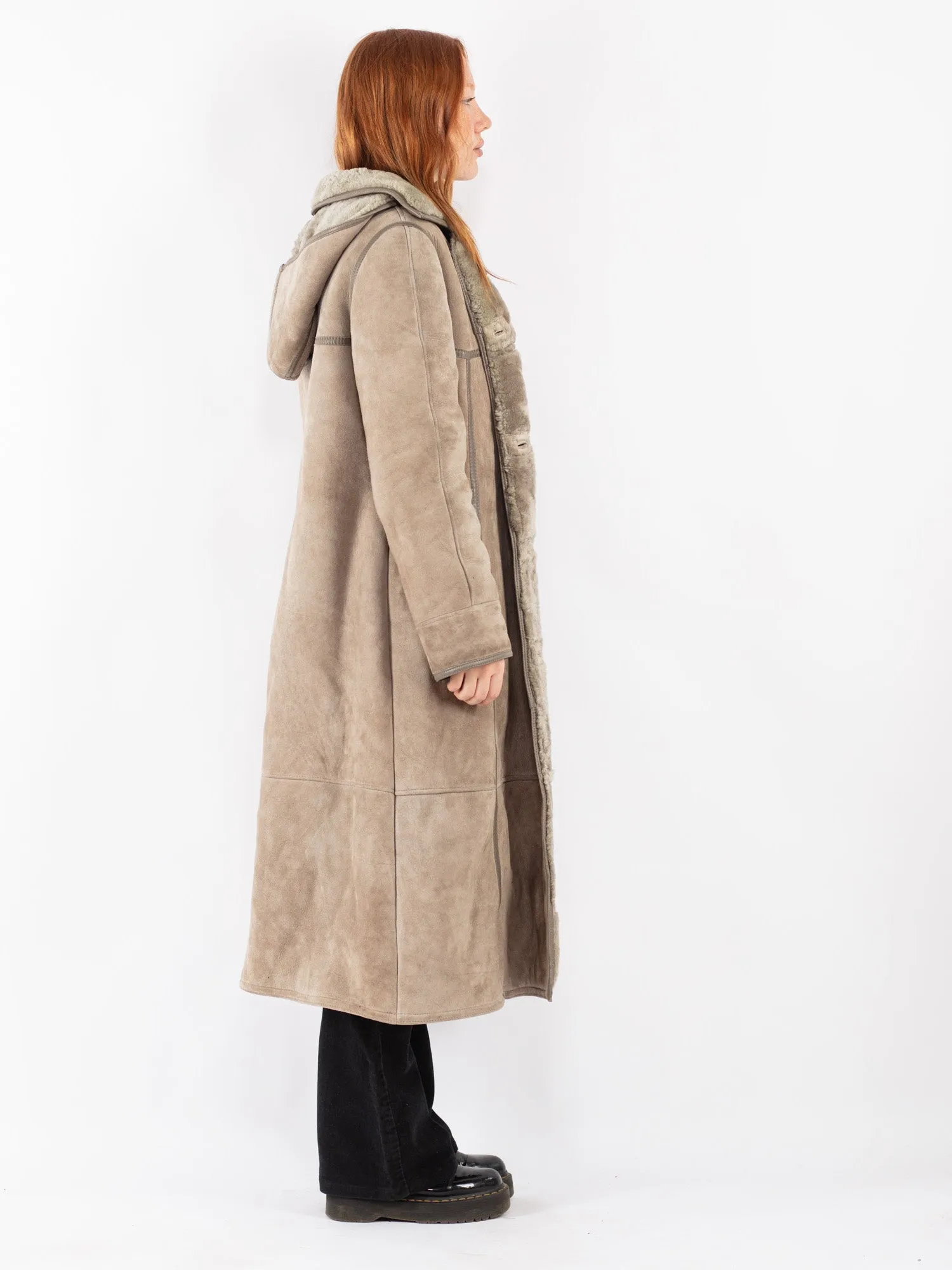 Vintage 70's Women Hooded Sheepskin Long Coat in Beige