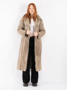 Vintage 70's Women Hooded Sheepskin Long Coat in Beige