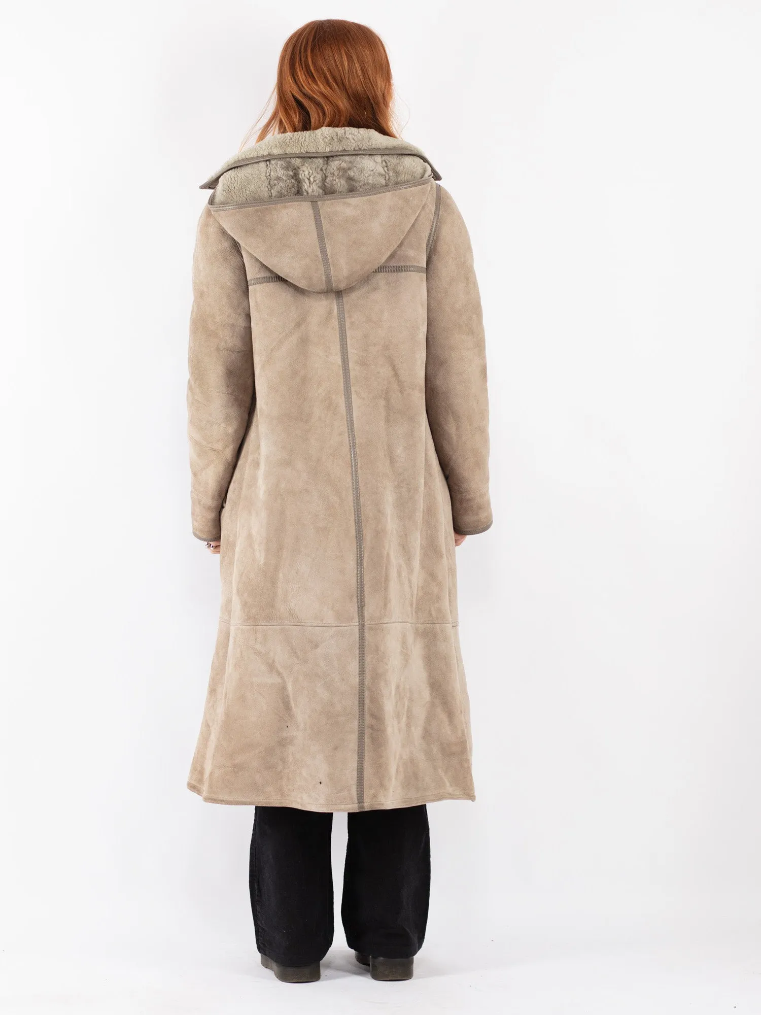 Vintage 70's Women Hooded Sheepskin Long Coat in Beige