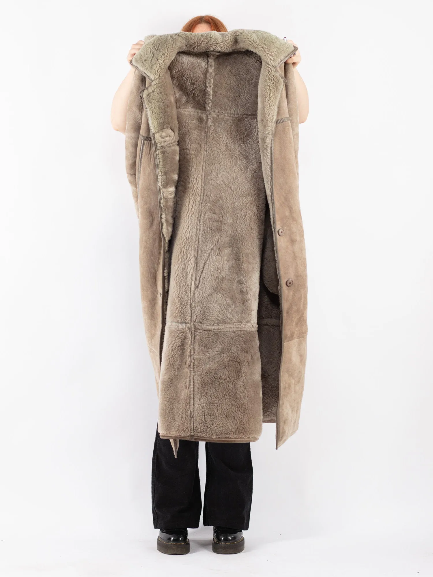 Vintage 70's Women Hooded Sheepskin Long Coat in Beige