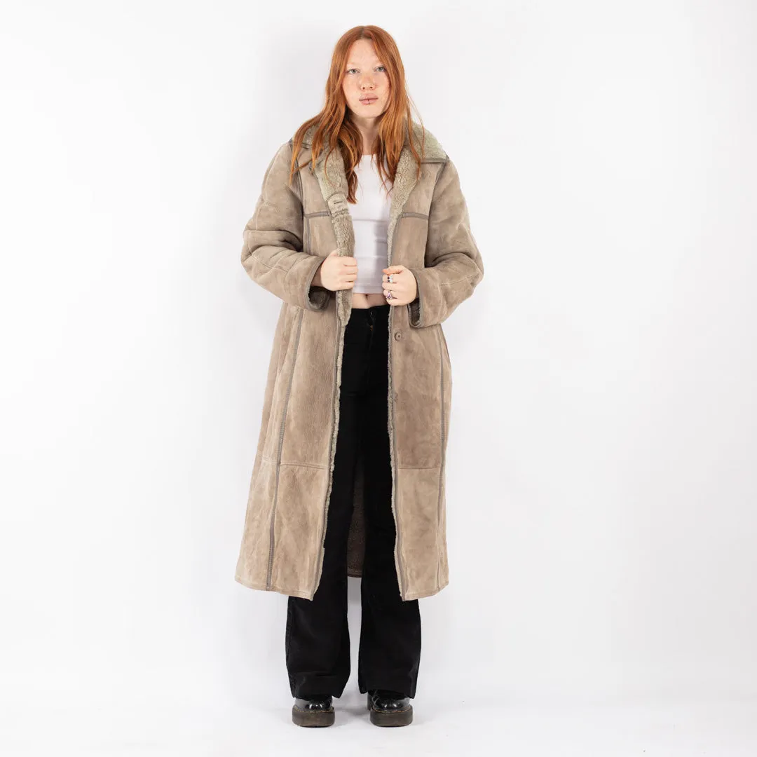 Vintage 70's Women Hooded Sheepskin Long Coat in Beige