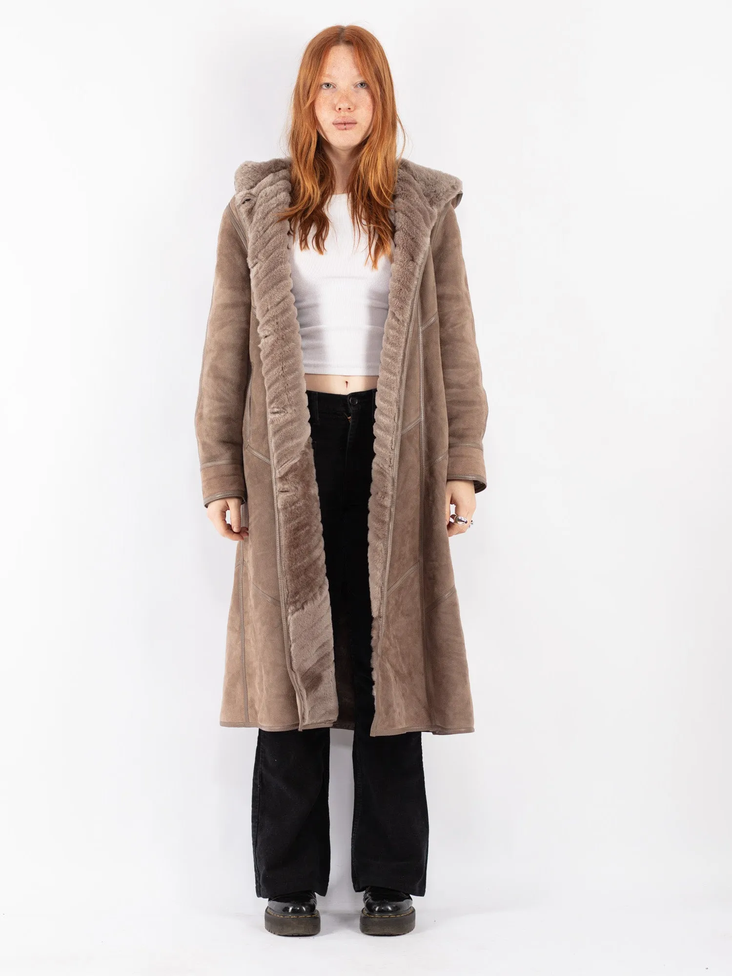 Vintage 80's Women Hooded Sheepskin Long Coat in Beige