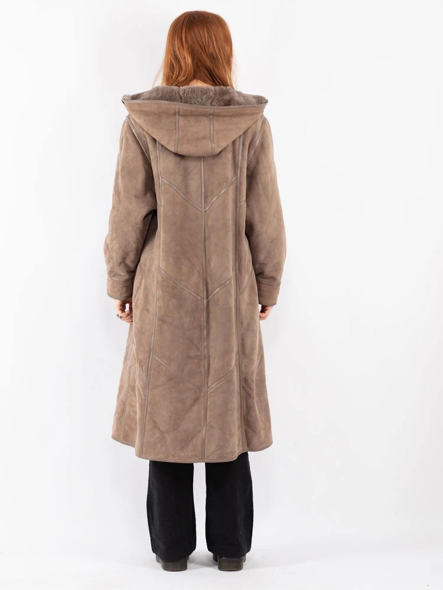 Vintage 80's Women Hooded Sheepskin Long Coat in Beige