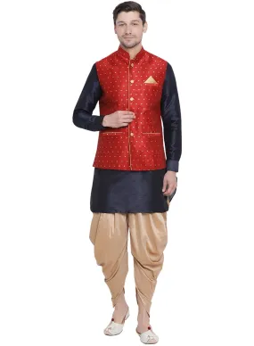 VM By VASTRAMAY Men's Maroon Zari Weaved Jacket With Kurta Dhoti Set